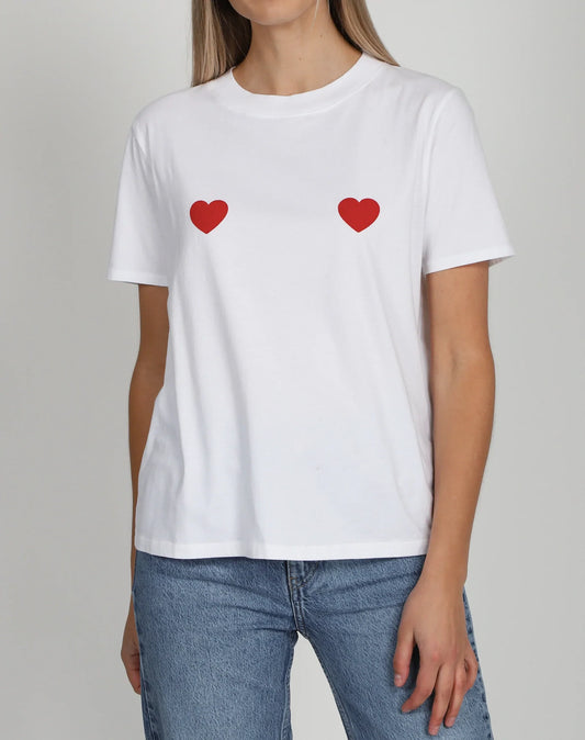 "Double Hearts" Classic Crew Neck Tee Red and White